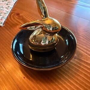 Gold Rabbit Ring Holder with Black Dish